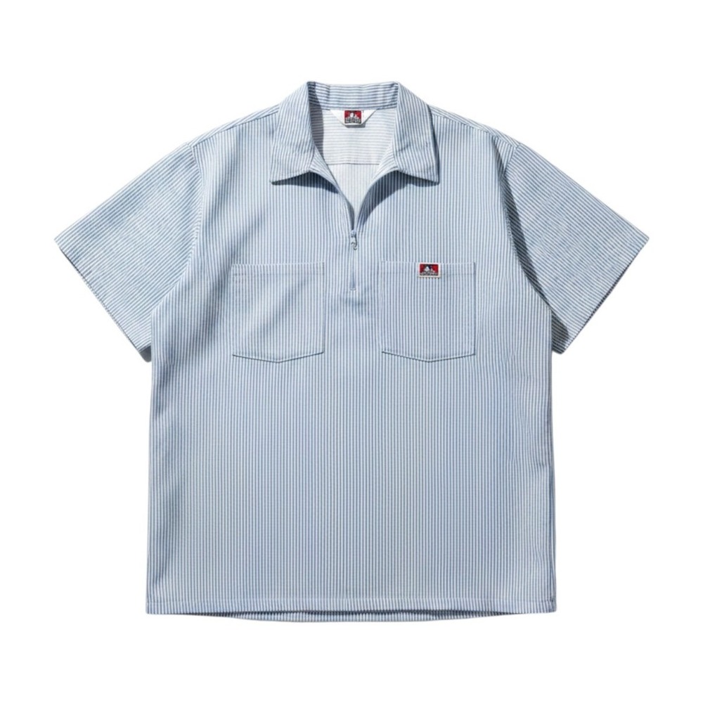Ben Davis Mens XL Hickory Stripe Half Zip Short Sleeve Work Shirt Blue White